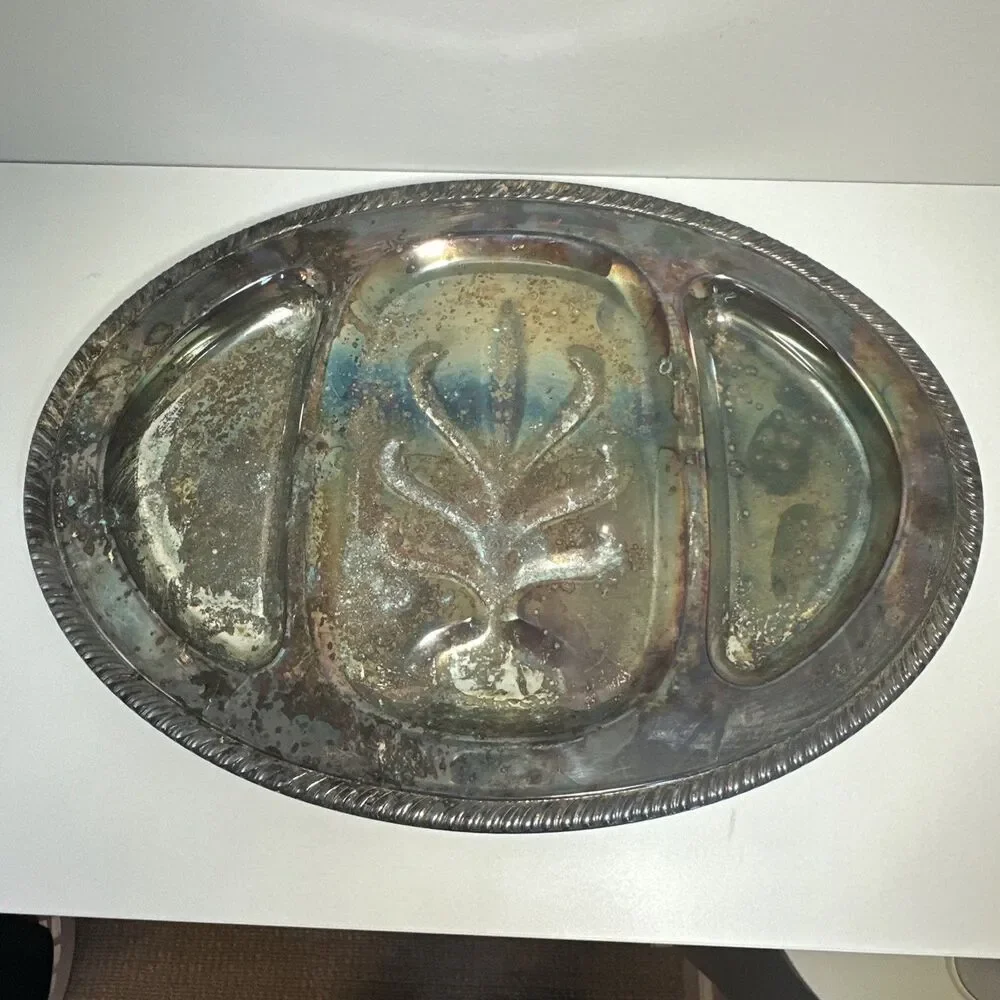 Antique WM Rogers Silver Plate Carving Serving Tray w/Spring Flower